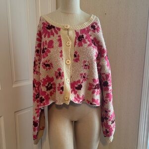 Central Park West Cream Cardigan with Pink Floral Motif